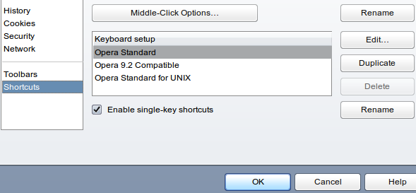Opera Preferences - Single Key Shortcuts